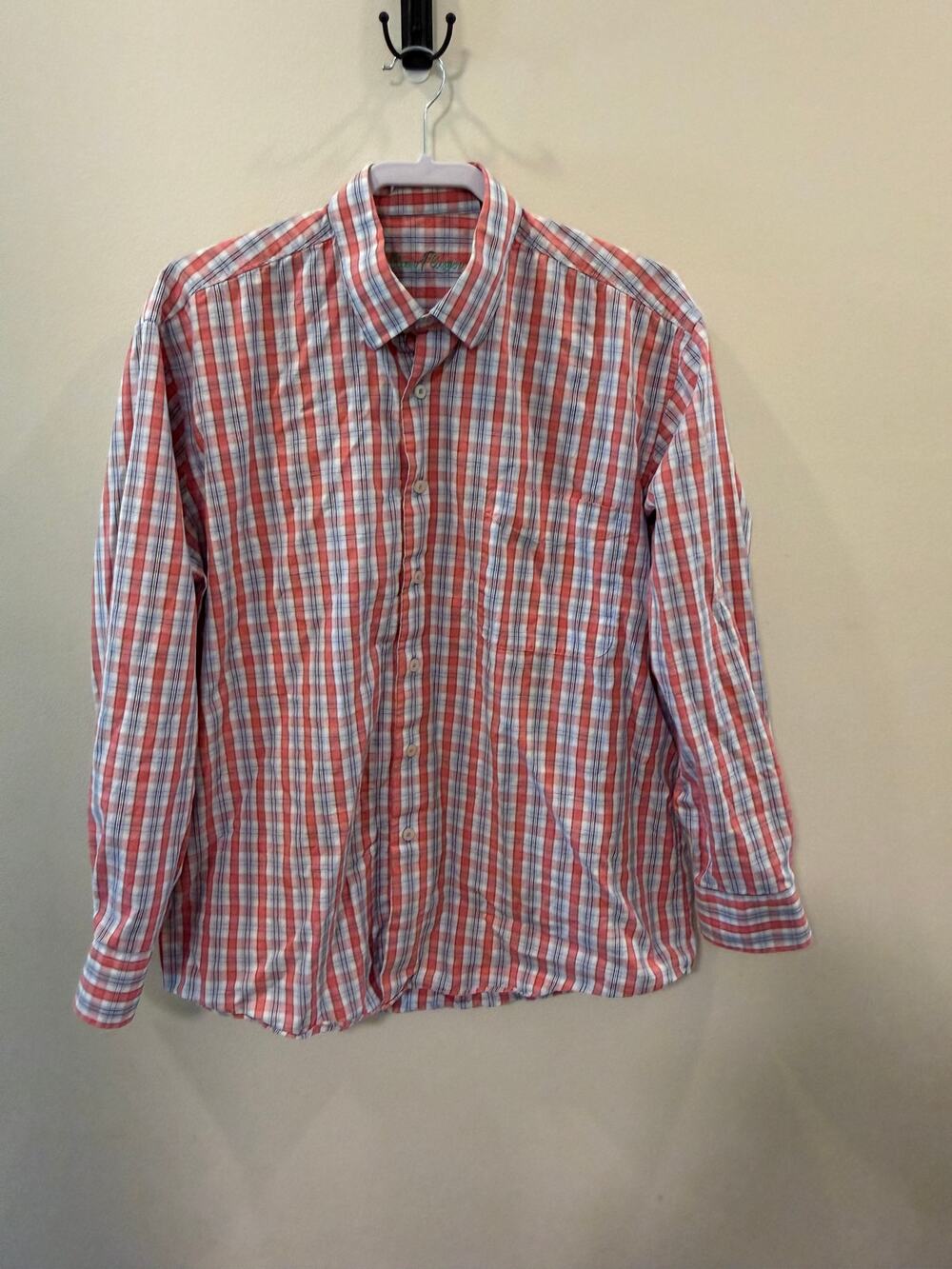 Alan Flusser Plaid Shirt | Coral, Blue & White | 100% Cotton | Size L 🌺